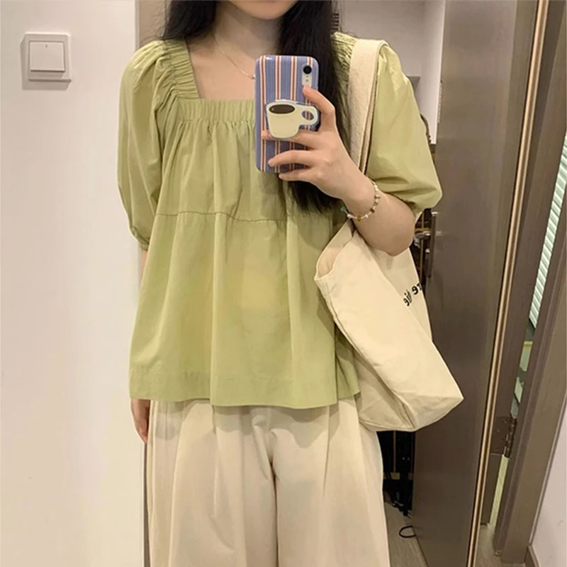 绿色森系方领短袖衬衫女夏季甜美泡泡袖短上衣独特减龄漂亮娃娃衫