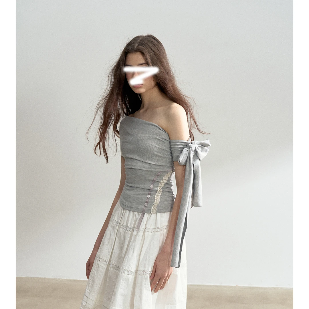 "夏日疗愈"新款斜肩飘带设计感小众一字肩显瘦露肩T恤斜肩上衣女