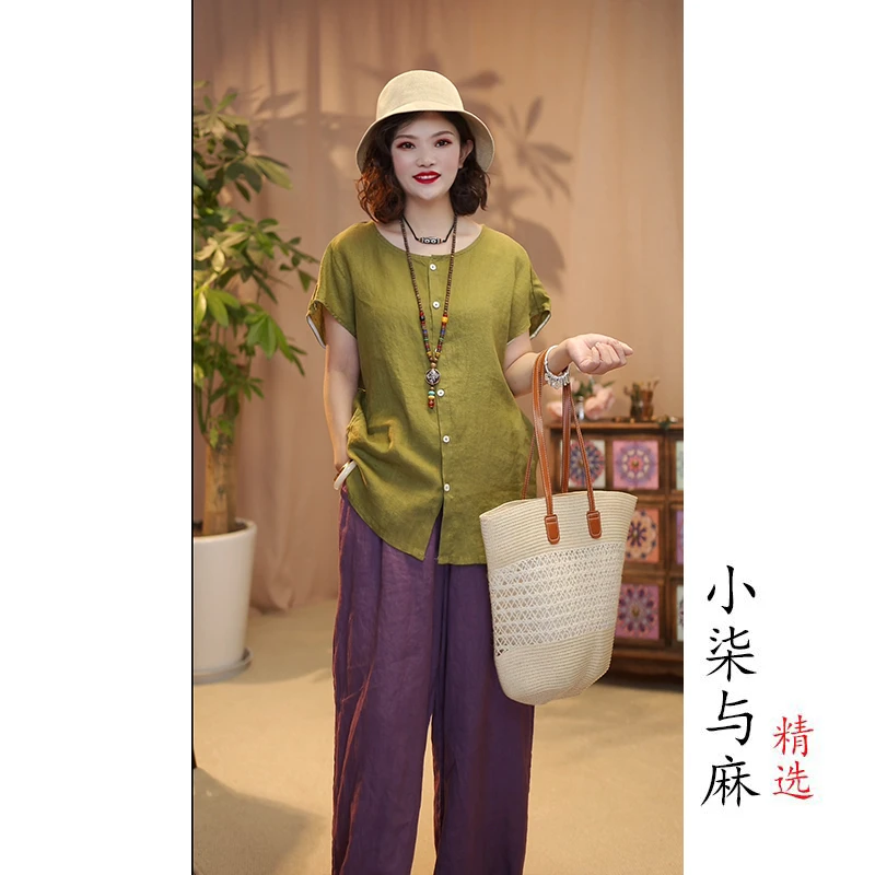 【小柒与麻】100%砂洗亚麻飞飞袖小衫（衣长63-71胸围120）