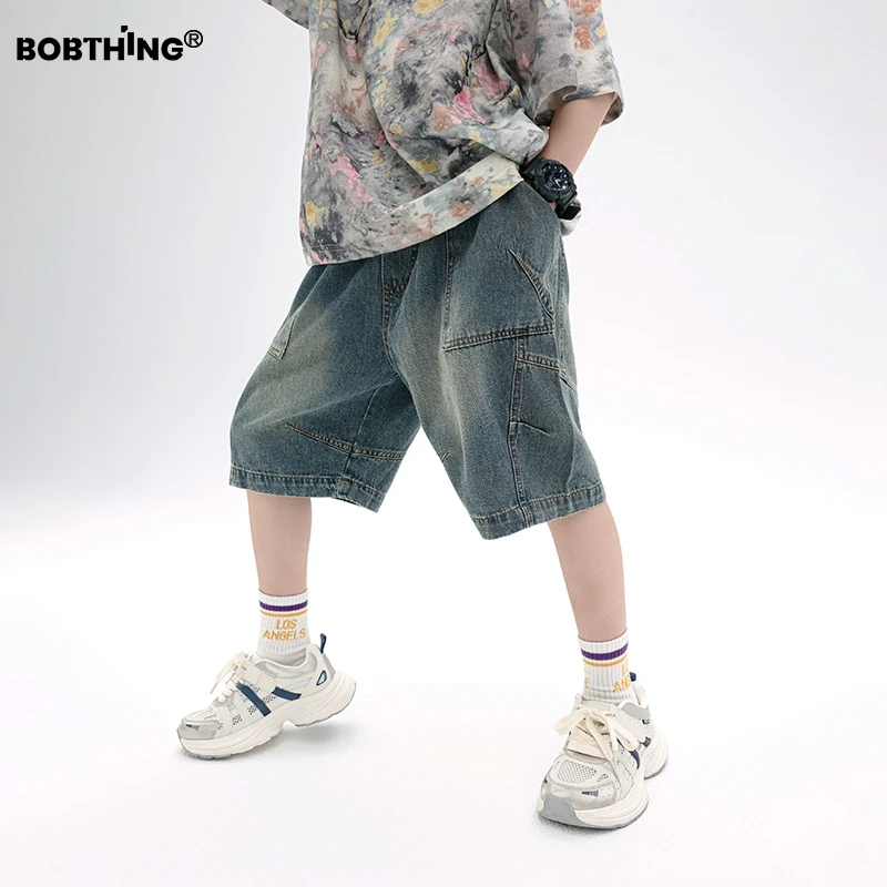 男童夏季个性拼接水洗蓝牛仔中裤儿童宽松短裤五分休闲裤子潮童装