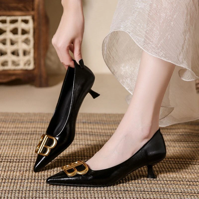 欧美风尖头双B扣细跟高跟鞋2025年春秋新款优雅百搭浅口单鞋女潮
