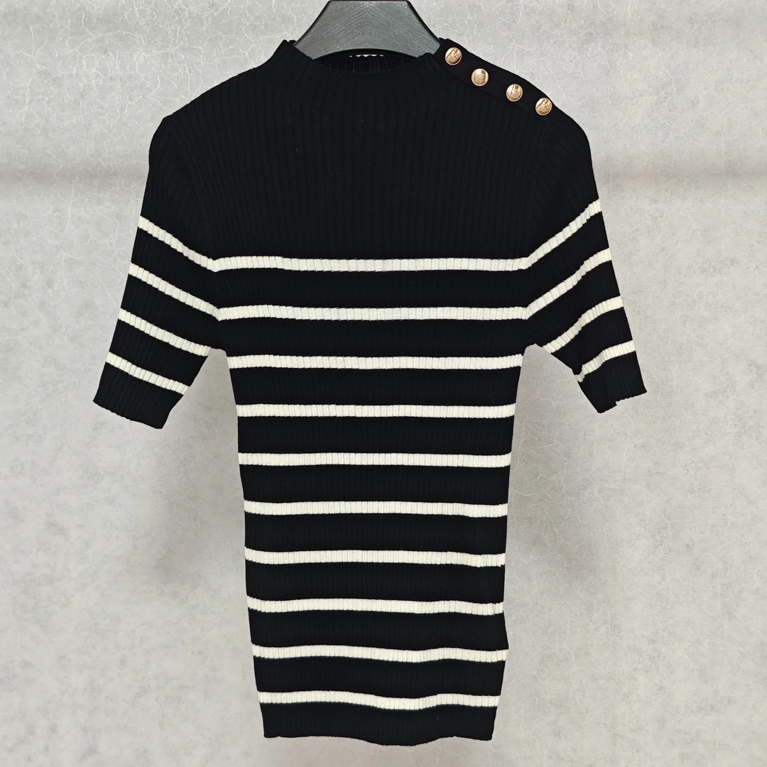 设计师系列  Z497-2  女装时尚简约短袖针织衫黑条纹MY0120