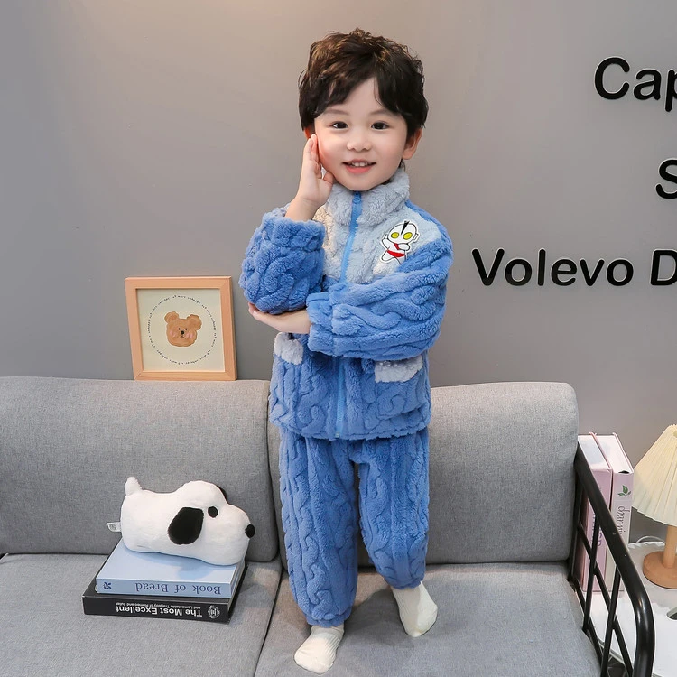 儿童奥特曼睡衣男童珊瑚绒秋冬加厚2025新款套装男孩法兰绒家居服