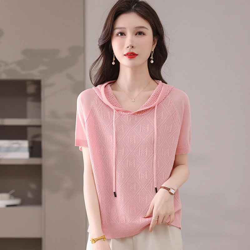 2025夏季新款薄款连帽上衣天丝针织衫宽松莱赛尔短袖T恤女士卫衣