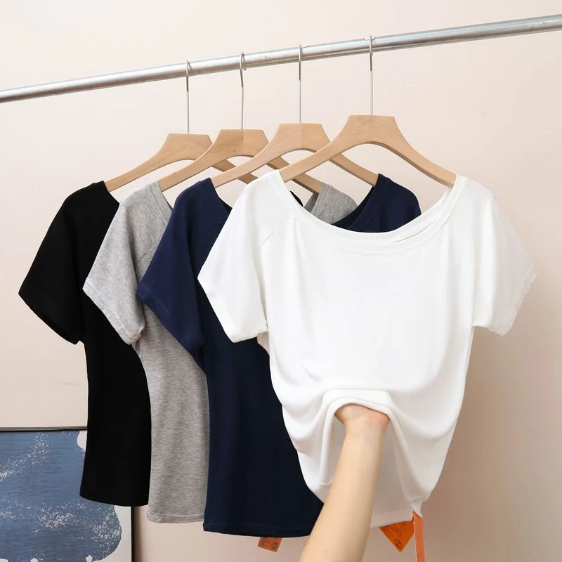 斜肩短袖显瘦夏季韩版露肩百搭性感小众设计感宽松纯色