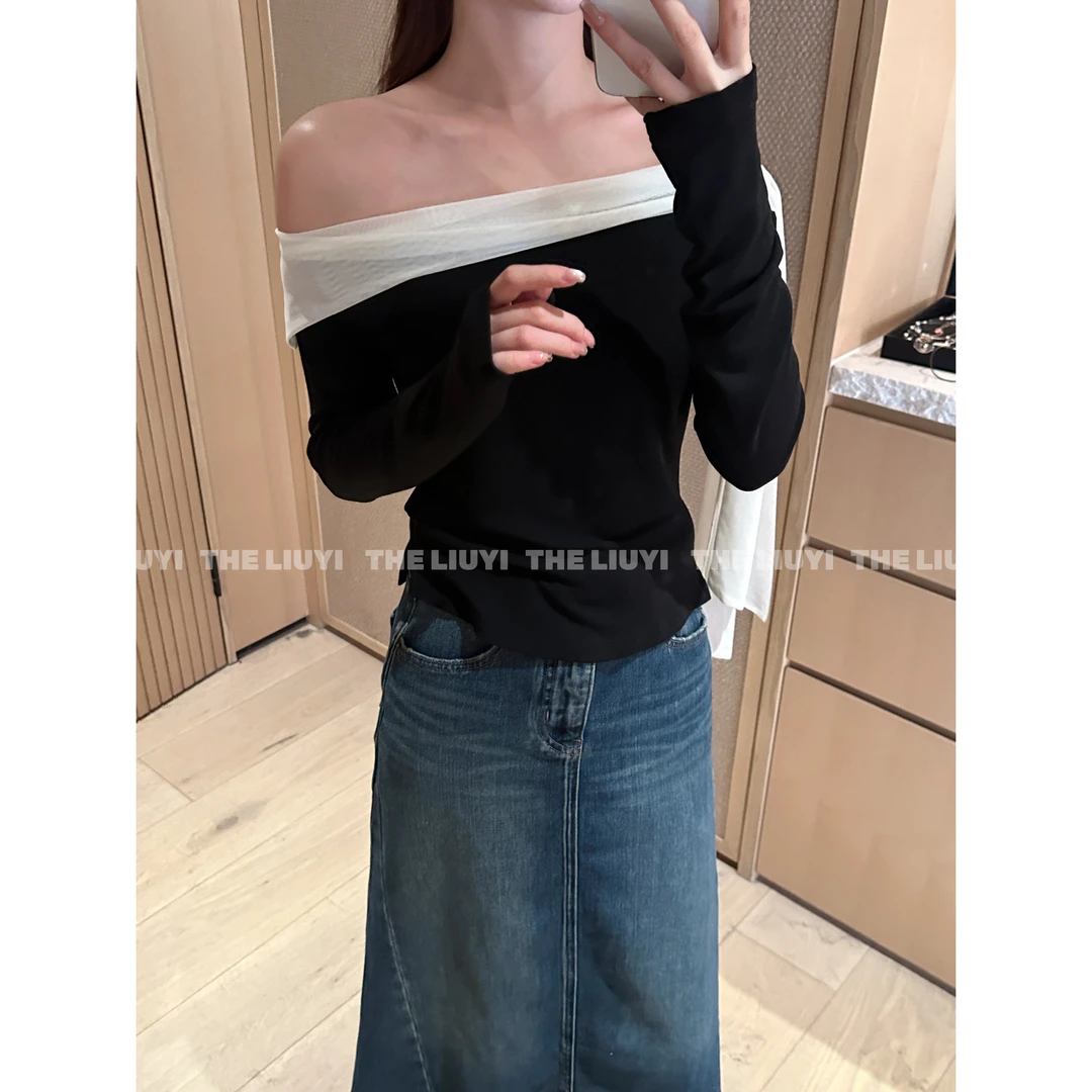 【LIUYI】一眼沦陷~温柔纯欲露肩飘带长袖上衣58214