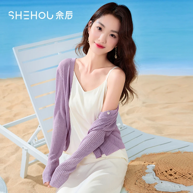 佘后2025夏装温柔度假风薄款开衫纯色海边设计甜美花边针织衫