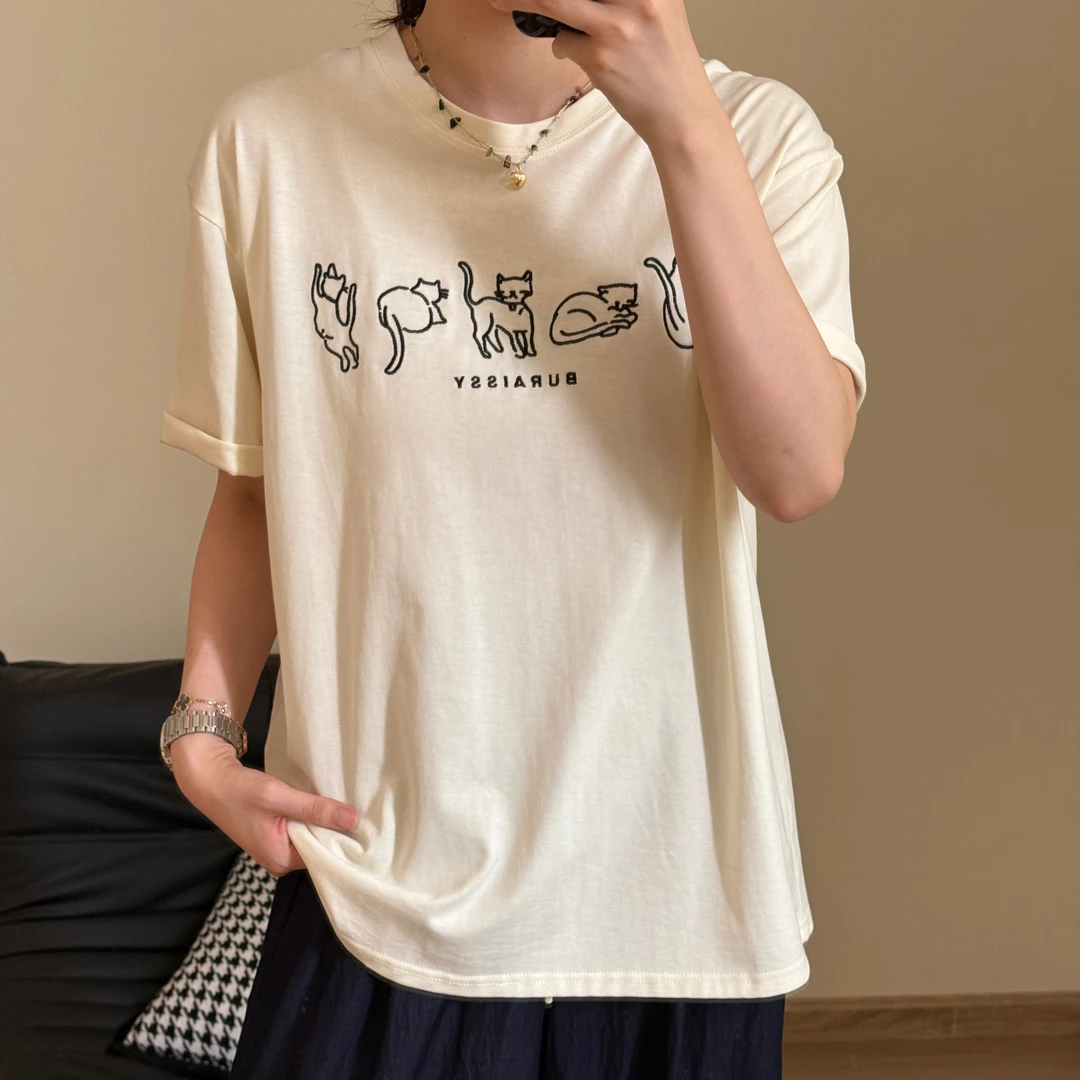 美亚恩NANA【喵线谱】100%棉卡通刺绣猫咪圆领短袖纯色T恤C0339