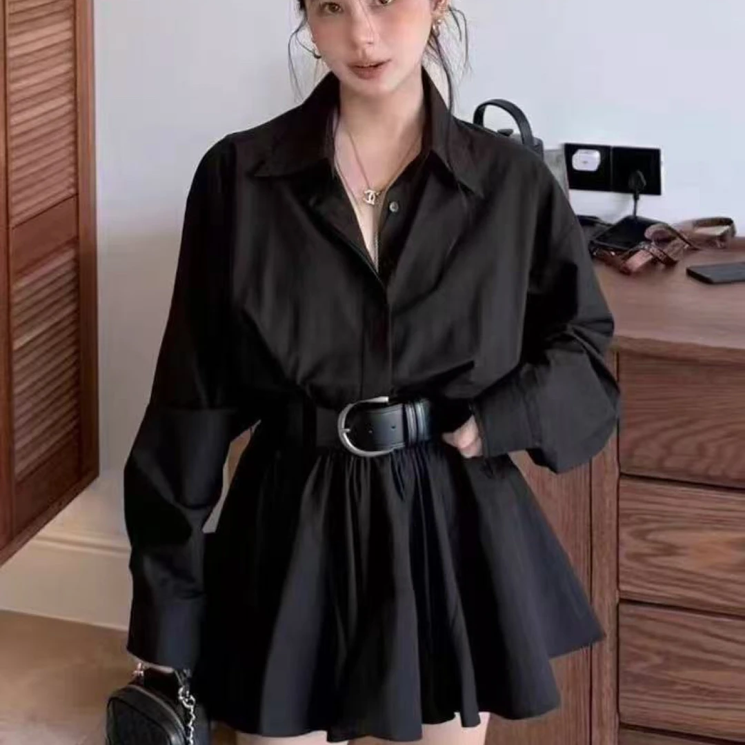 韩系POLO领衬衫连衣裙女秋季新款高级感气质收腰显瘦长袖衬衫