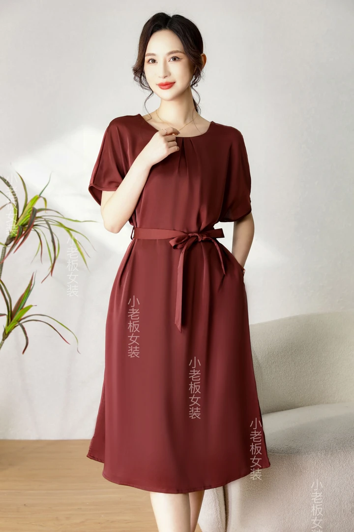 【小老弟】豆沙红 气质2025新款春夏短袖纯色时尚显瘦百搭连衣裙