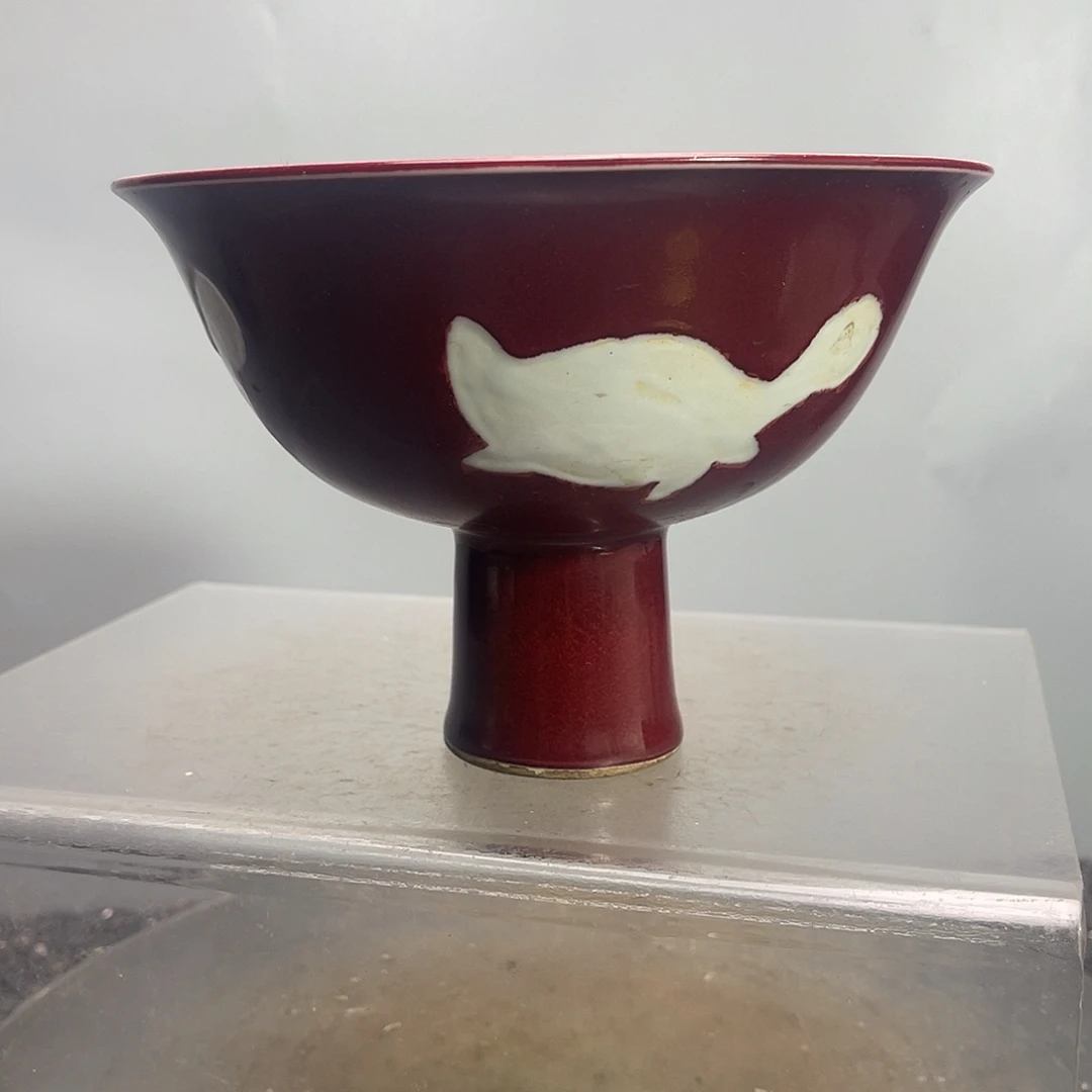 瓷祭红甜白高足碗一个