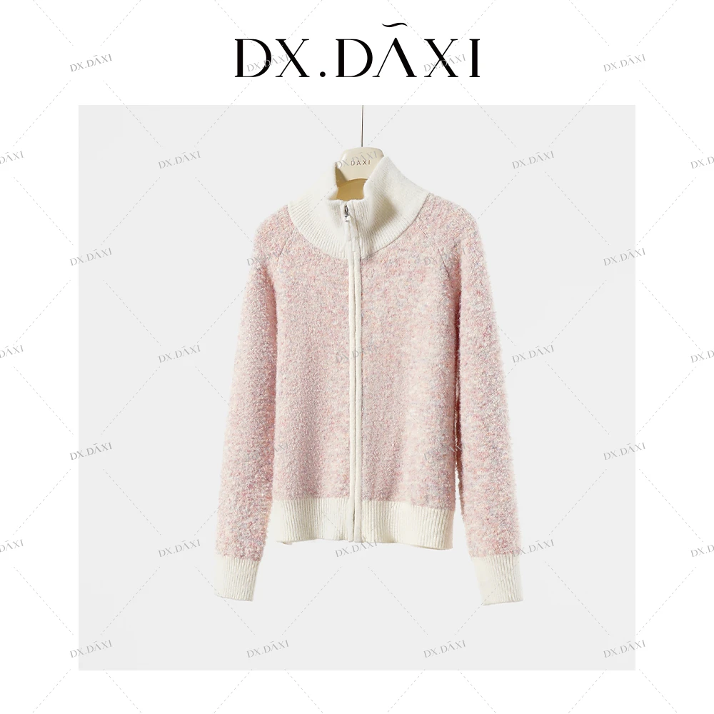 代大喜【彩虹圈圈】休闲百搭撞色减龄立领粉色针织衫24冬季新款毛衣