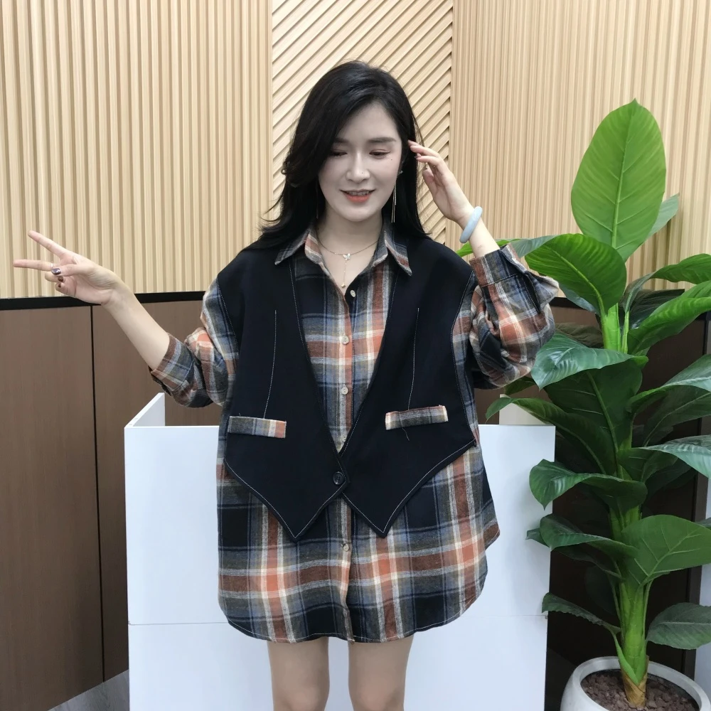 秋季长袖拼接假两件宽松休闲中长款格子衬衫韩版百搭显瘦衬衣外套