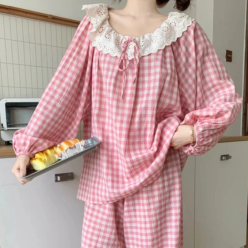【星】睡衣女秋冬季少女甜美蕾丝花边格子长袖长裤家居服套装2025