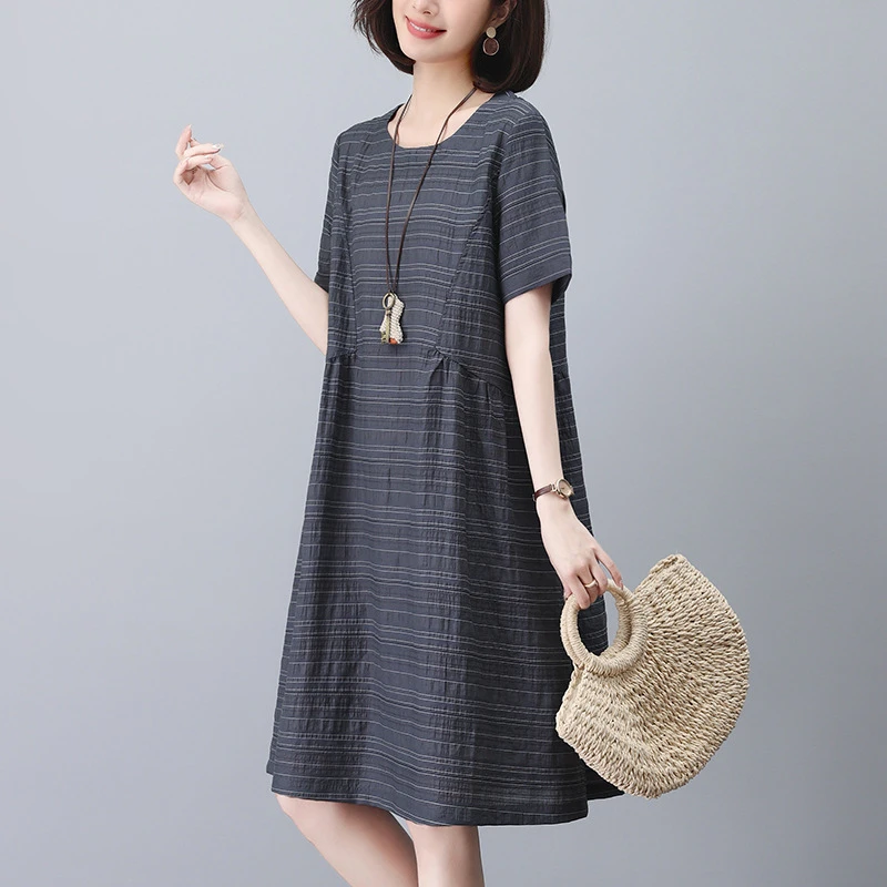 韩版休闲条纹连衣裙女夏季裙子新款中老年人显瘦穿搭宽松舒适长裙