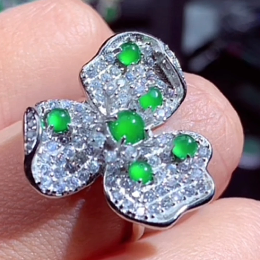 天然A货翡翠冰绿蛋面戒指