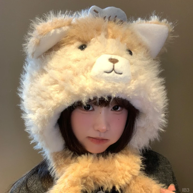 可爱猫耳朵小鱼毛绒帽女冬季加厚防寒保暖显脸小加绒护耳卡通帽子
