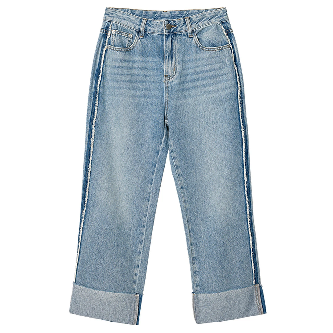 "丹宁先锋"毛边撞色翻边牛仔裤2025年春季新款直筒裤