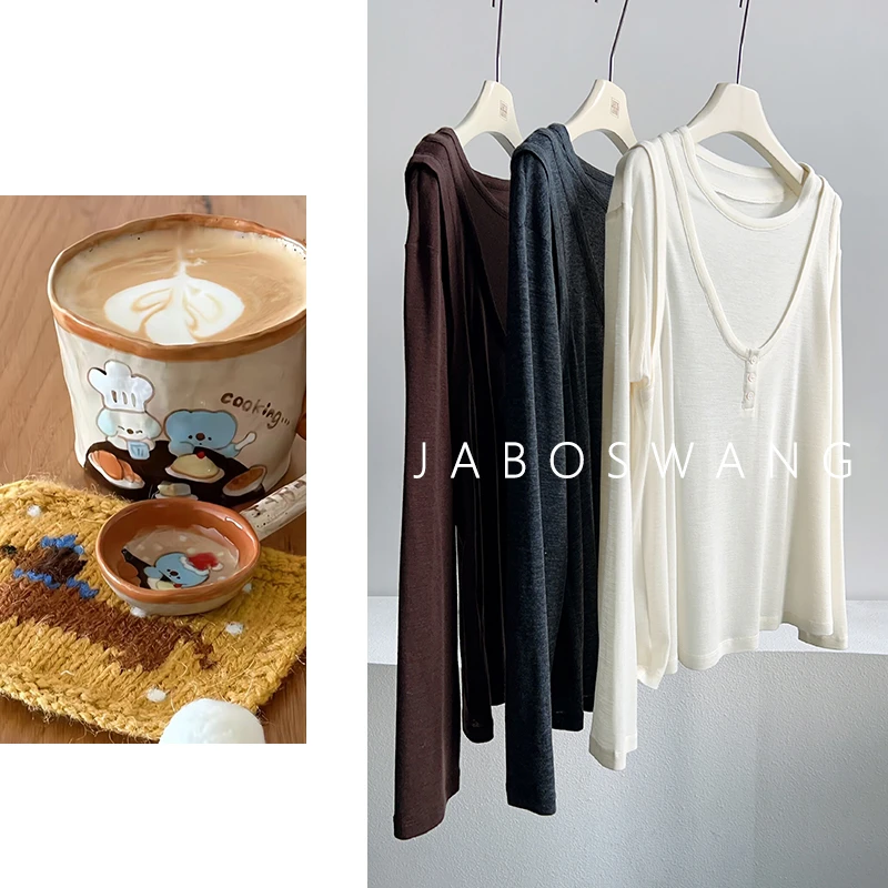 S1515层峦假两件打底衫2025新款春秋季女款打底衫