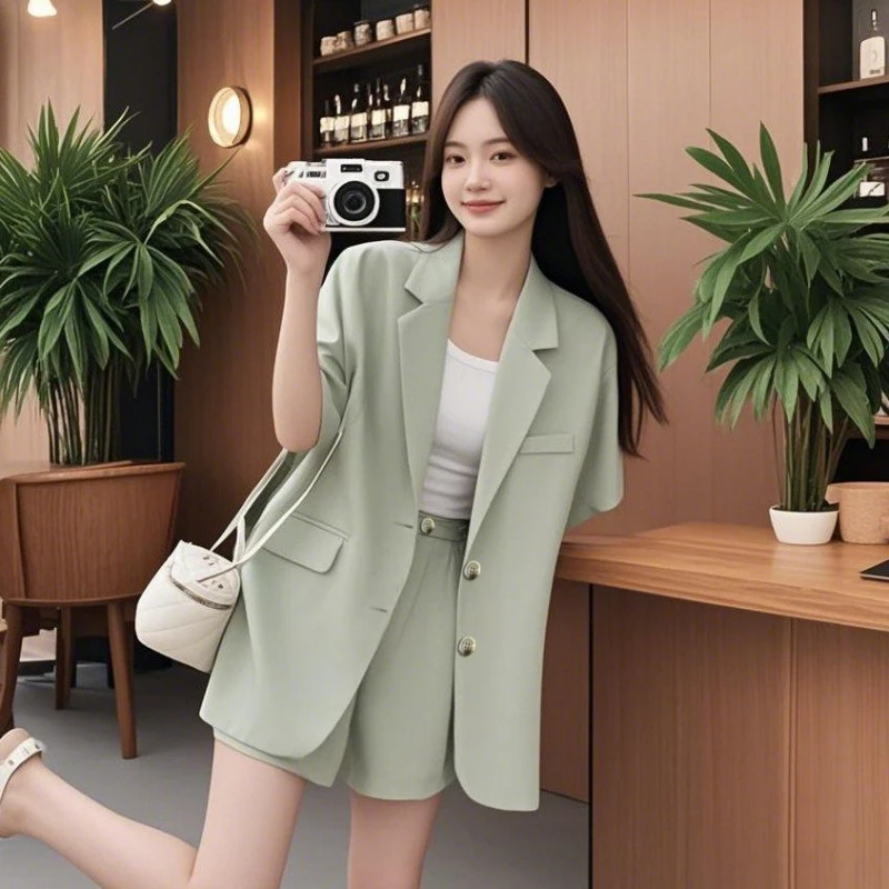 薄荷曼波短袖夏季西装新款套装小个子宽松韩版休闲薄款西服外套
