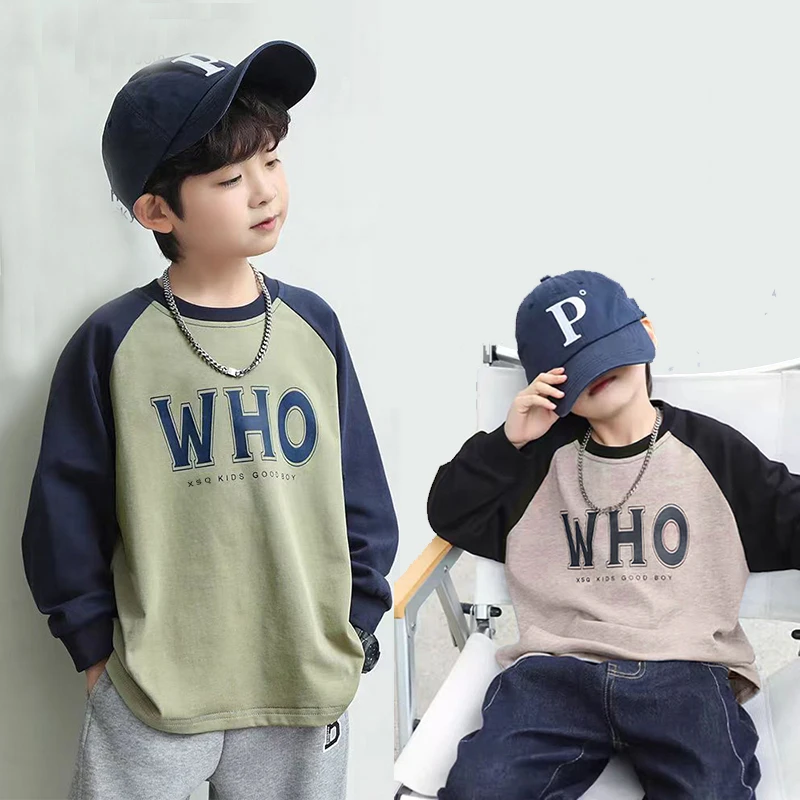 儿童春季德绒长袖字母宽松男女童休闲打底圆领印花