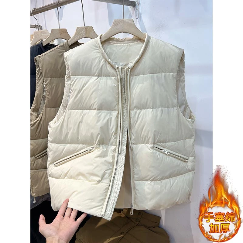 韩版设计感纯色短款棉服马甲女2026年秋冬季新款圆领百搭外套马夹