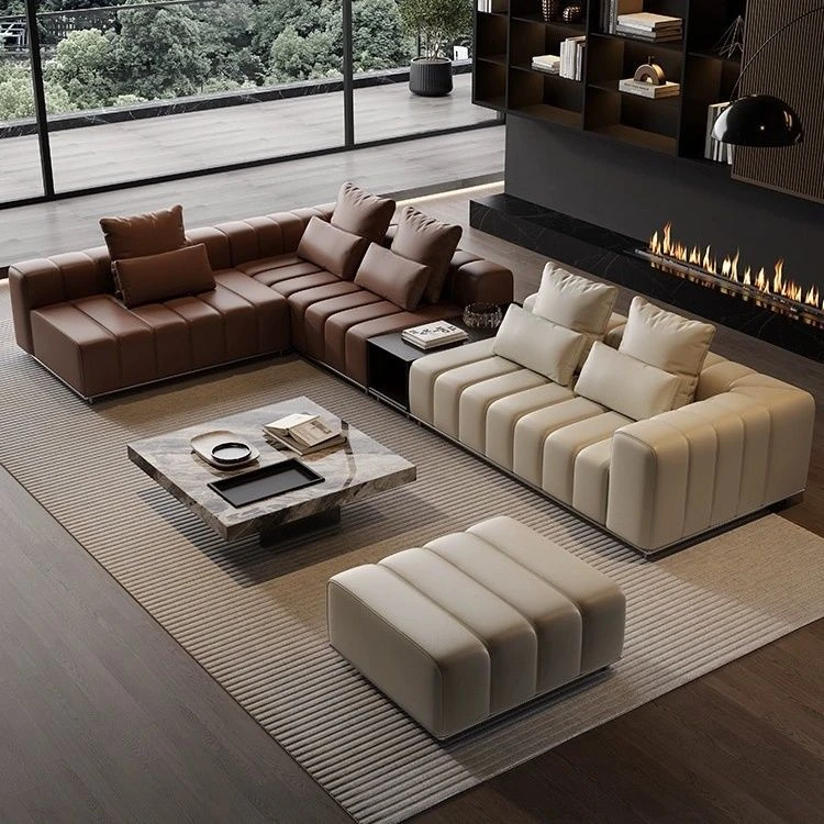 最新款2025新款意式极简钢琴键真皮沙发轻奢客厅别墅大平层转角贵