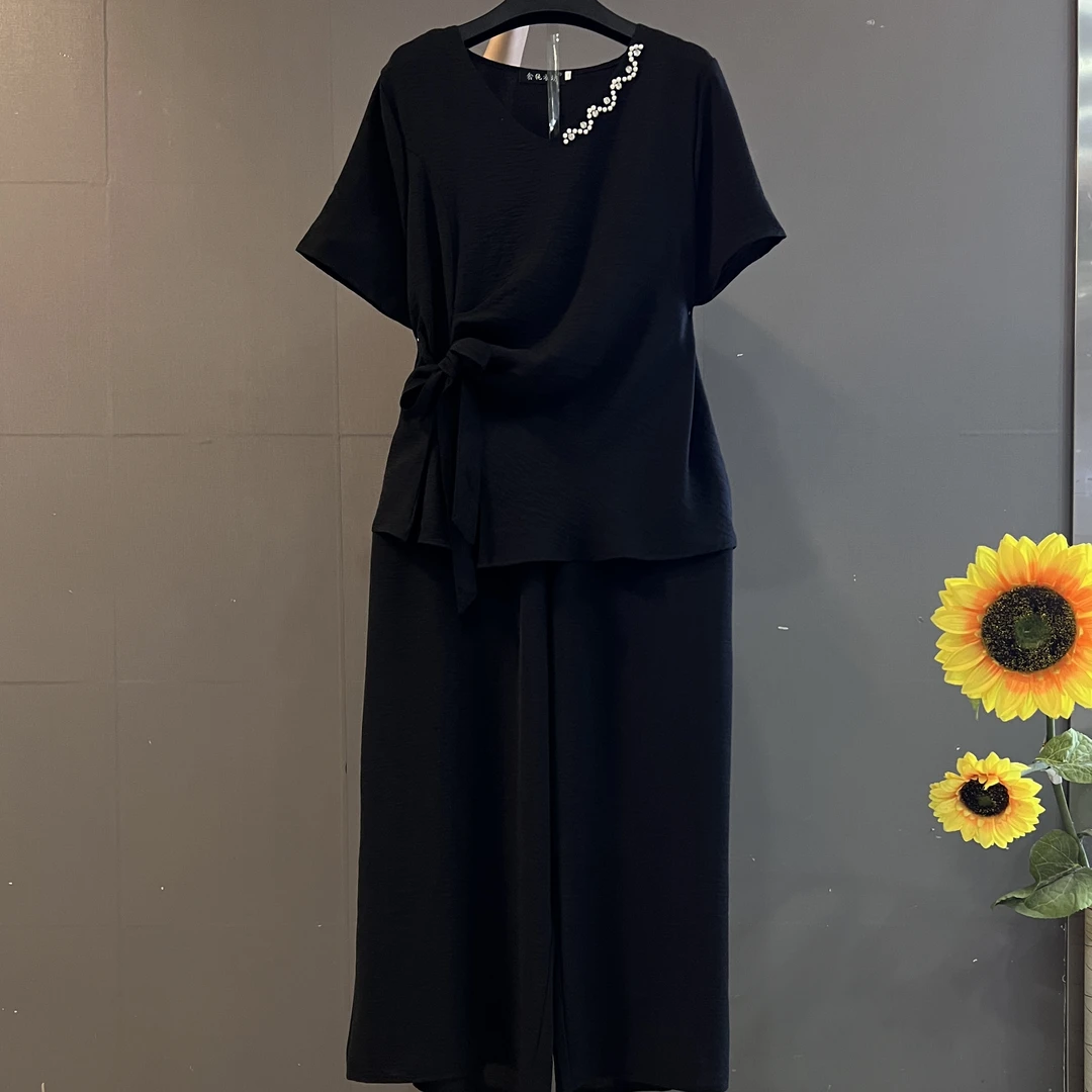 时尚洋气钉珠v领上衣搭配阔腿裤显瘦遮肚宽松百搭套装9122