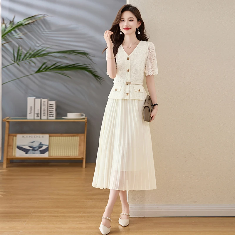 2025夏新款轻奢修身蕾丝拼接百褶裙时尚气质短袖长款连衣裙XM813