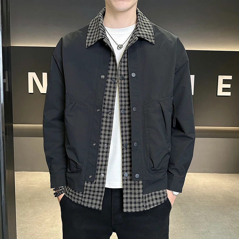 假两件格子外套男款春秋爆款2025新款翻领夹克宽松小众时尚百搭潮