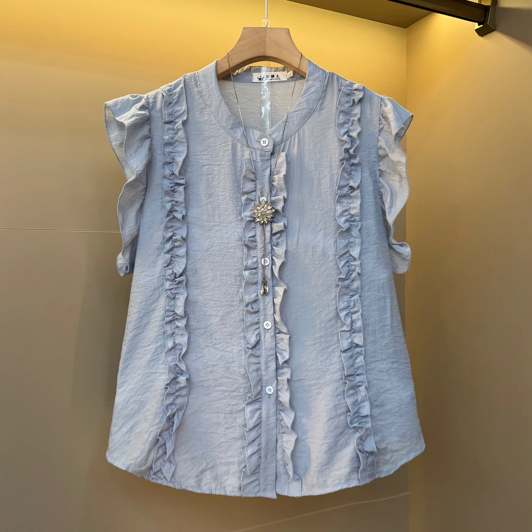 2025韩系减龄木耳边飞飞袖夏日轻薄设计感洋气独特胖mm衬衫522