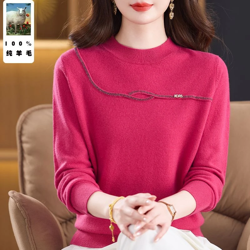 妈妈100%纯羊毛圆领秋冬针织衫中老年女纯色洋气时尚保暖毛衣内搭