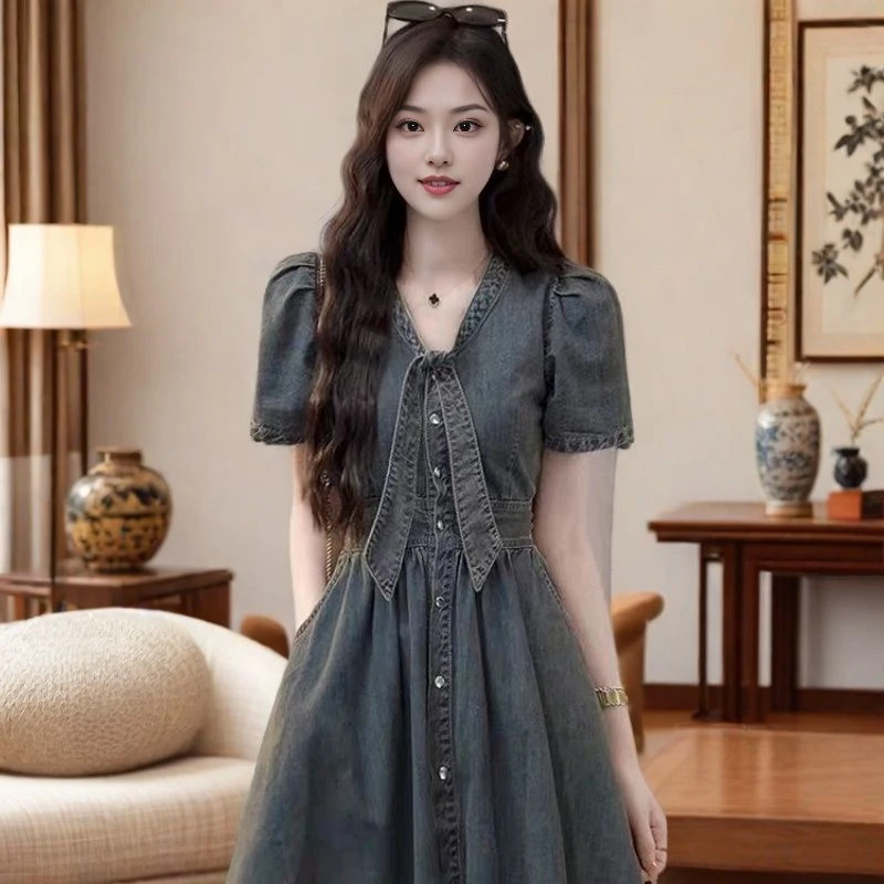 2025夏季新款欧若风法式气质薄款牛仔连衣裙女高级感收腰显瘦裙子