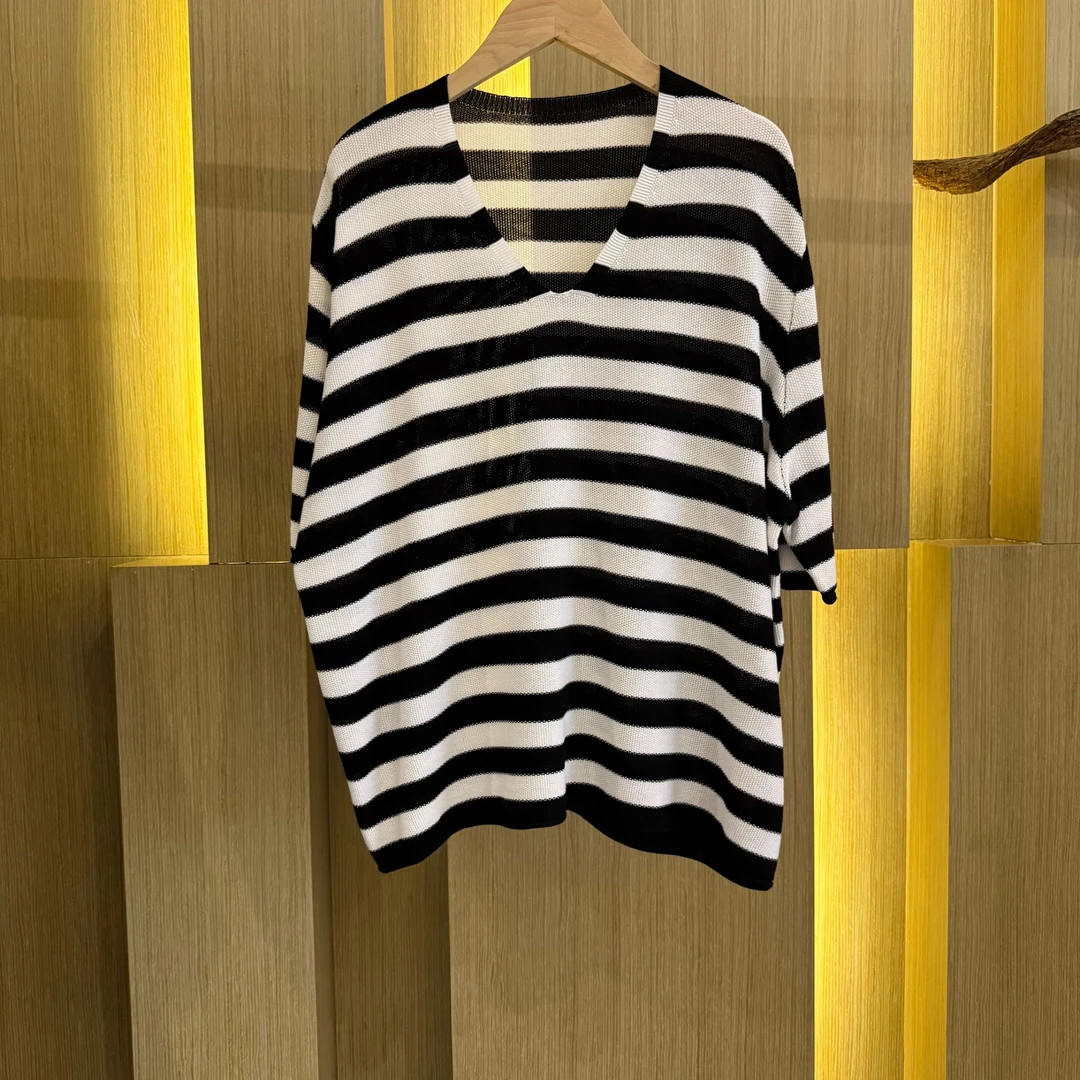 305(壹嘉定制) 经典黑白条纹大V领显瘦百搭纯色休闲春夏裙