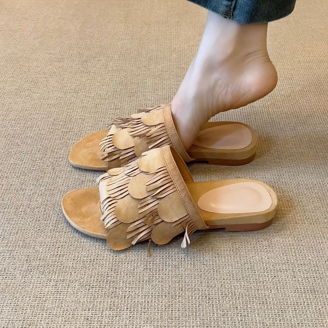 RubyL/3cm夏季新款度假风纯色平底流苏休闲舒适百搭露趾拖鞋女款