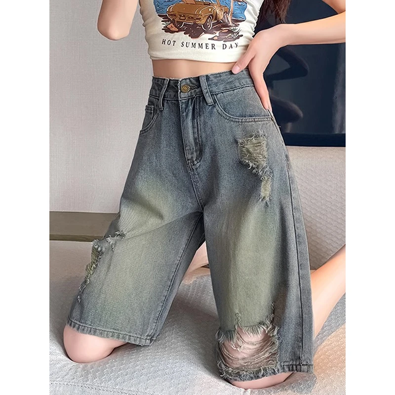 破洞牛仔短裤女2025新款大码胖mm夏季薄款高腰显瘦五分直筒中裤子
