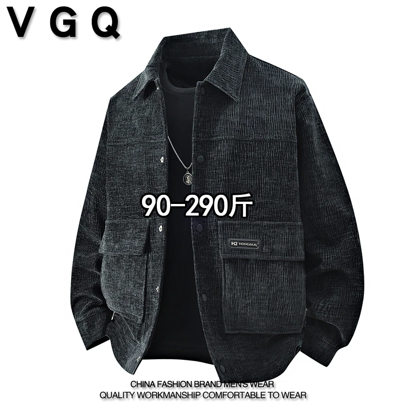 VGQ胖男生灯芯绒翻领夹克秋季新款加肥加大复古百搭外套休闲上衣