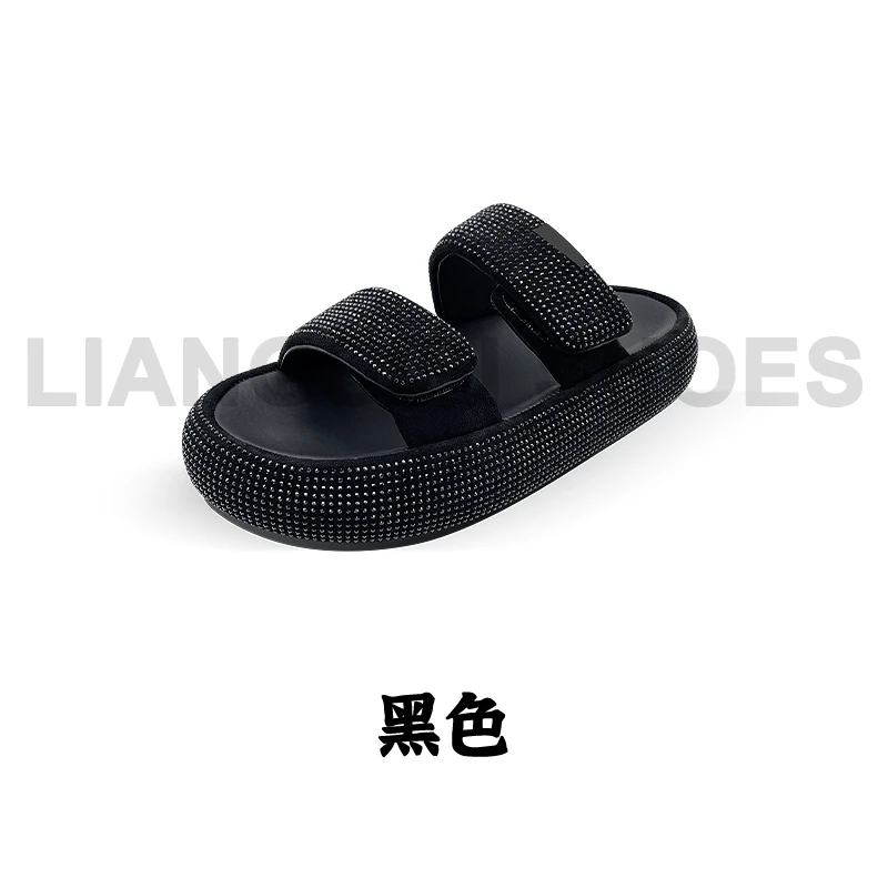 【满钻咪咪】高级经典百搭时尚满钻双带厚底一字女鞋半拖-HT149