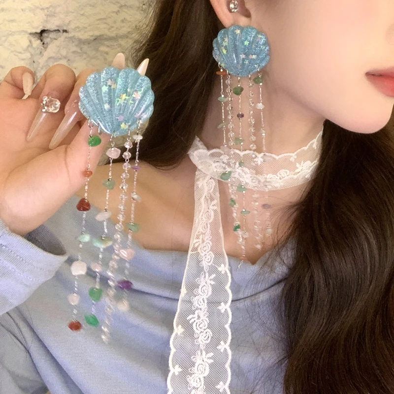 非金属仿水晶耳饰 清冷高级度假风串珠流苏耳环小众设计异性耳饰