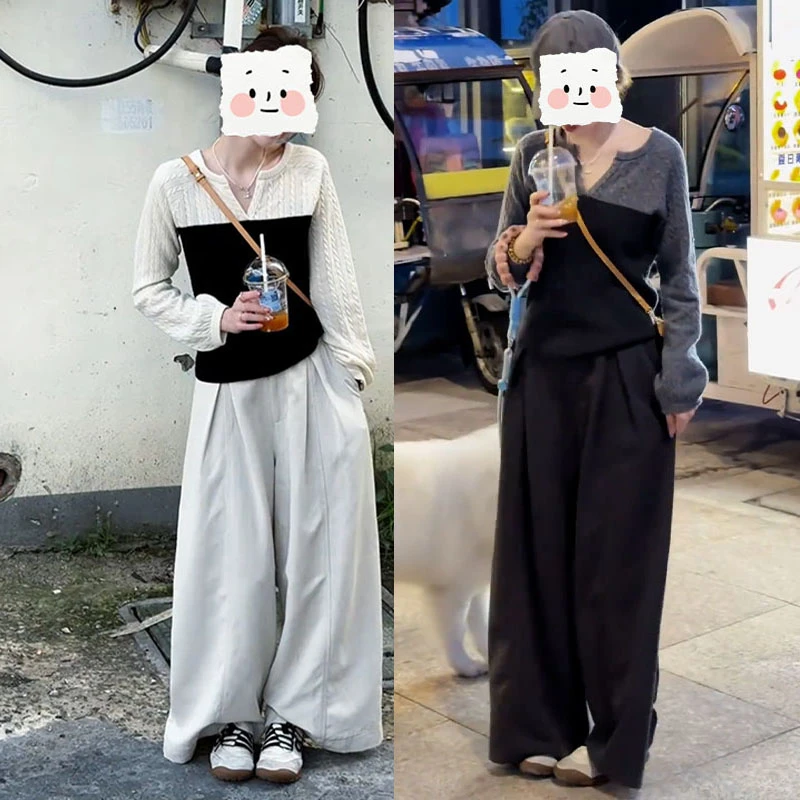 时尚撞色拼接假两件长袖上衣女2025春秋新款休闲阔腿裤两件套装潮