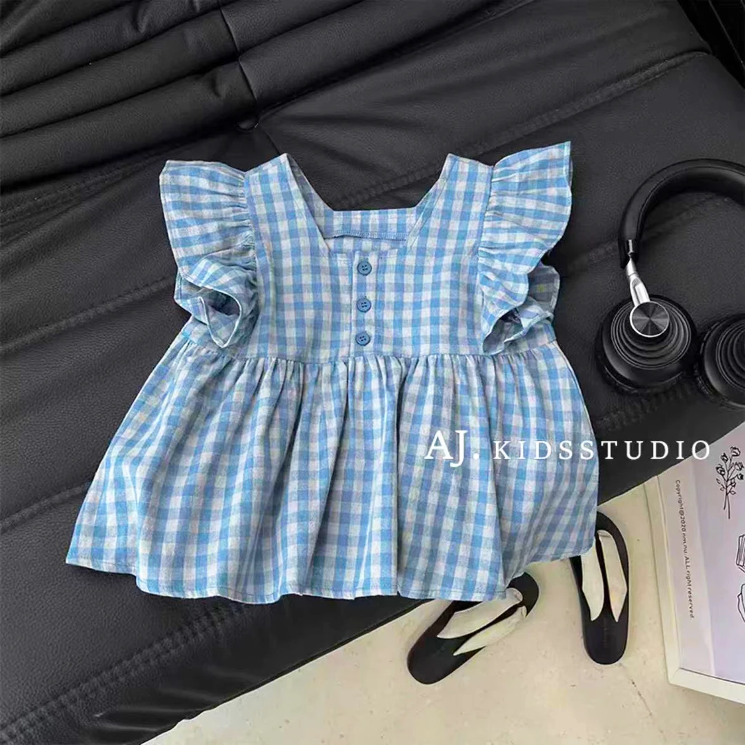 女童夏季新款衬衫花边方领格子花边短袖女宝宝薄款上衣