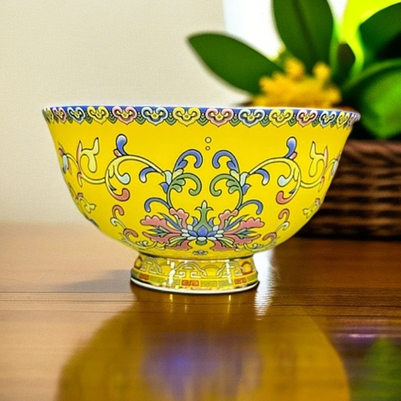 手工珐琅彩缠枝连5寸高脚米饭碗