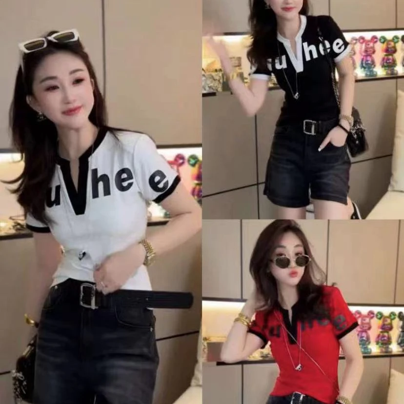 耐磨印花T恤V领常规减龄短款短袖圆领字母时尚翻领气质上衣