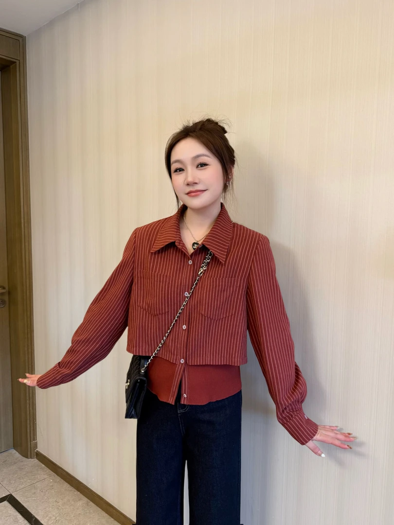 NANJIE/楠姐【香杉日记】秋季磨毛假两件结构显瘦条纹衬衫XNS6652