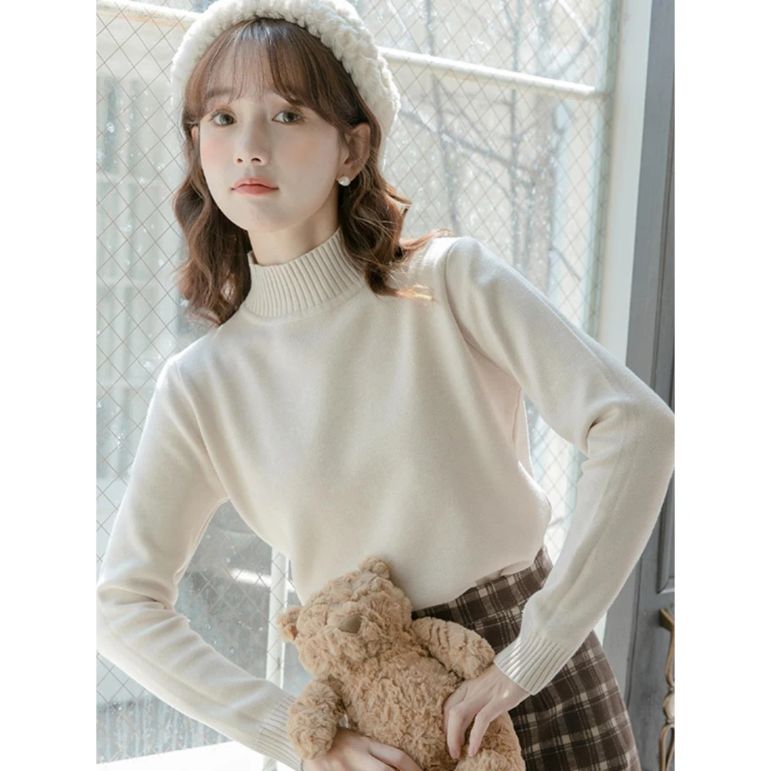 少女白色半高领针织毛衣女秋冬季2025新款加厚绒内搭打底衫小个子