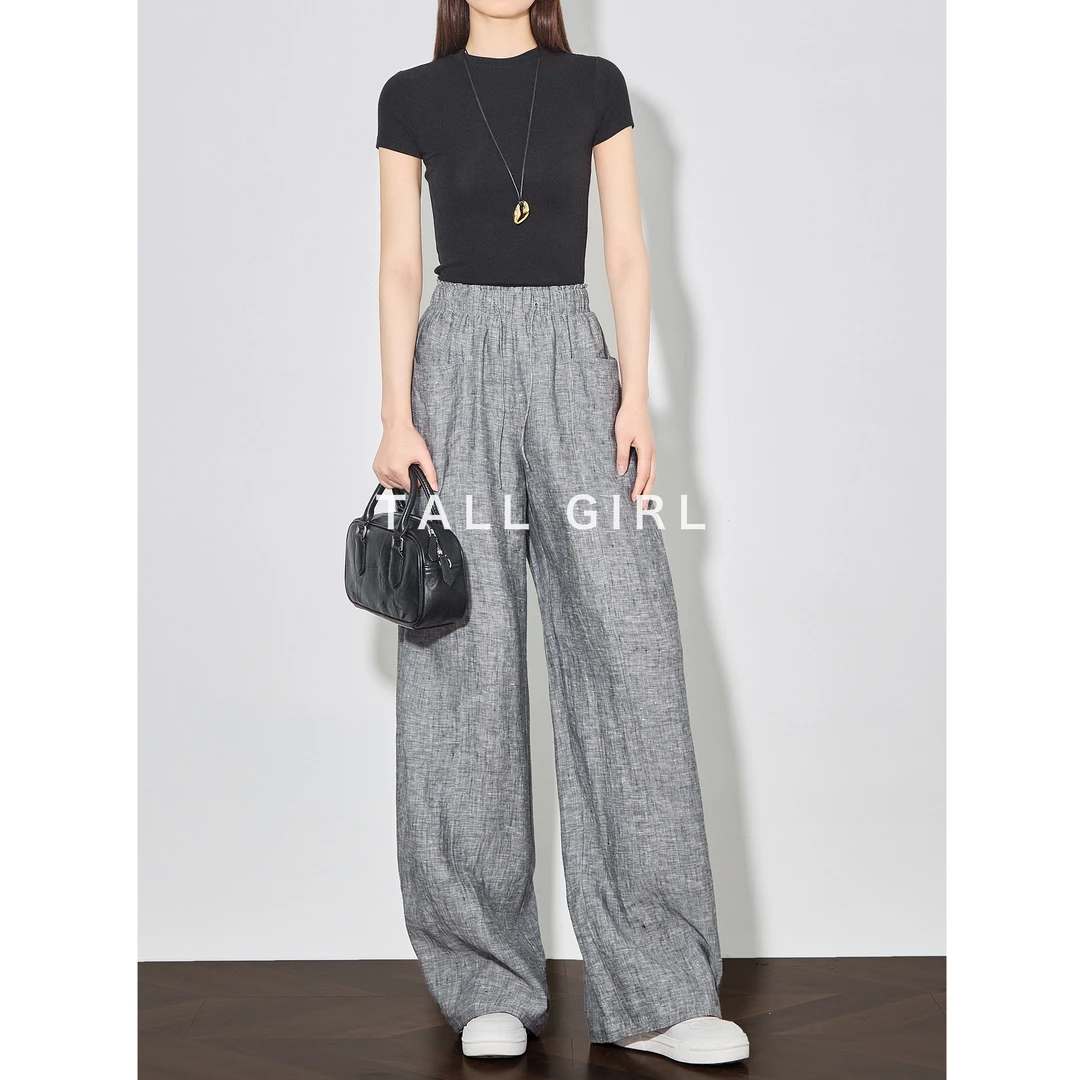 夏季薄款重磅亚麻阔腿裤女麻灰色垂感直筒裤休闲高个子丨5272