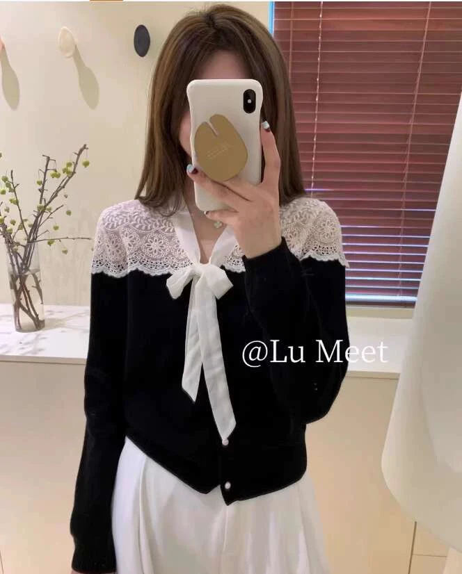 桃子自制 2168 撞色蕾丝针织上衣