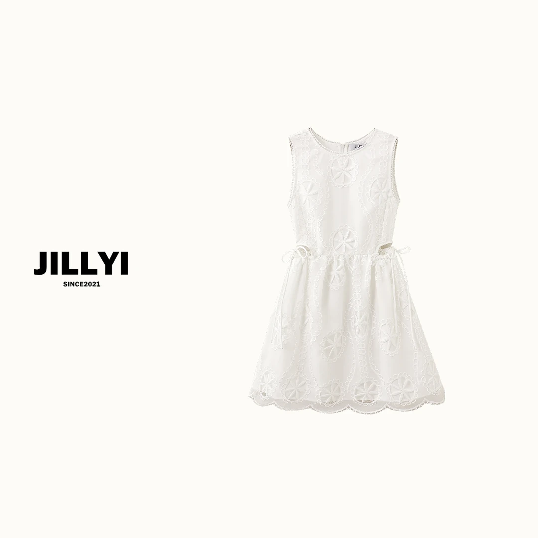 JILLYI【八月栀子】白色圆领腰间绑带公主气质轻奢时尚连衣裙