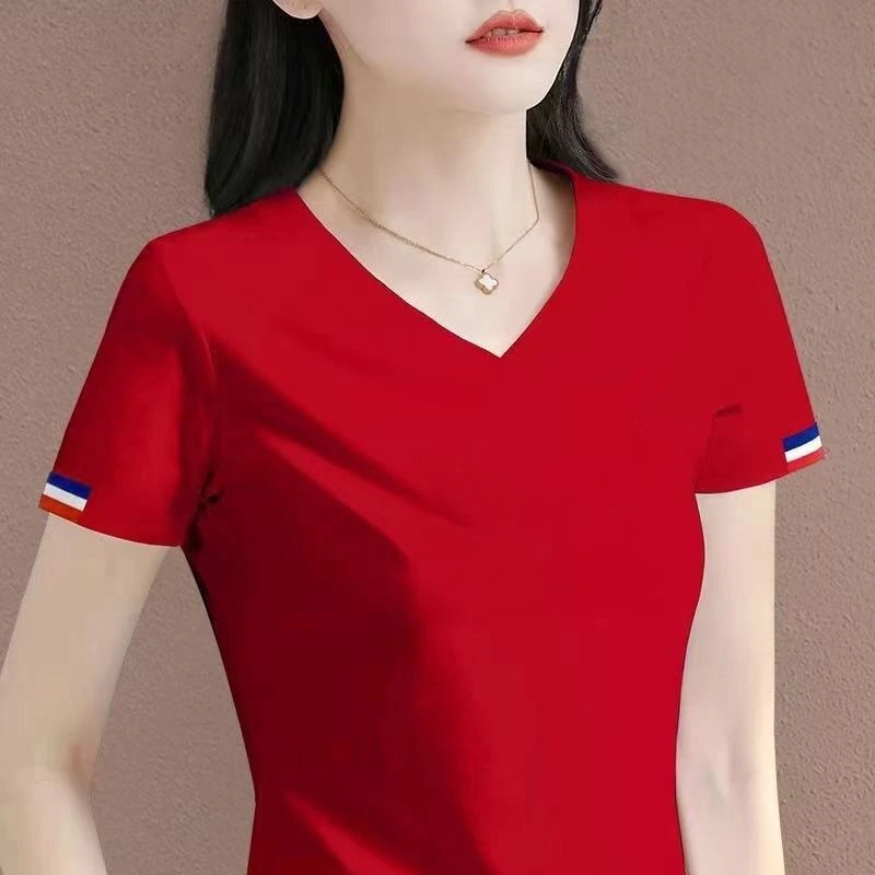 夏季短袖t恤时尚v领拼接韩版显瘦百搭大码女装休闲气质弹力棉T恤
