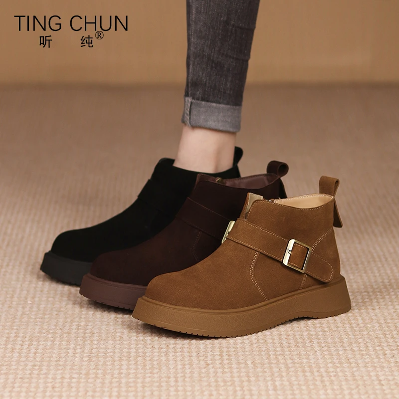 听纯18279秋冬2025新款百搭短靴复古真皮靴软底加绒女鞋防滑靴子